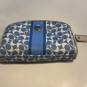 Coach Monogram White Blue Pvc Cosmetic Pouch Zip Travel Case Striped